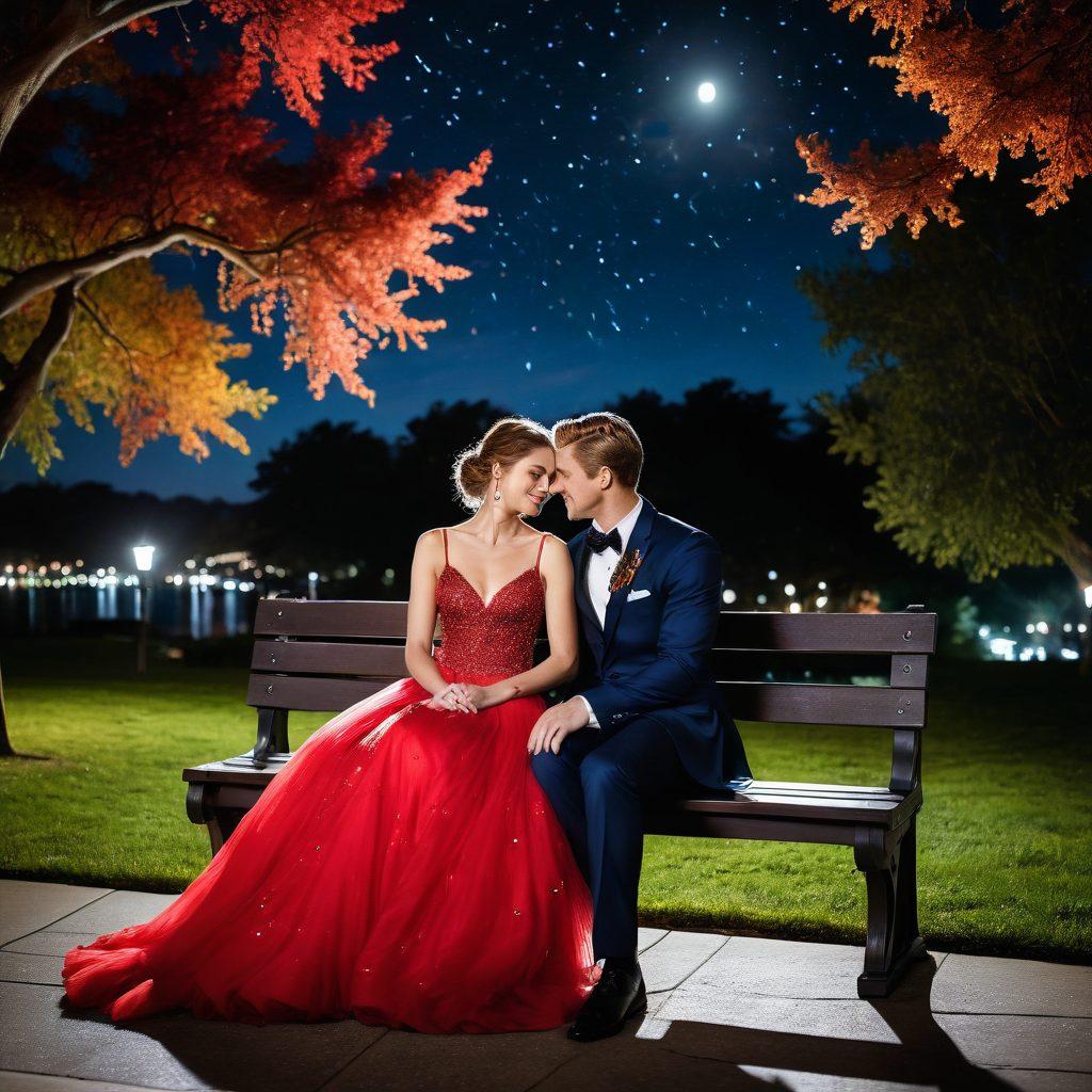 A glamorous scene depicting a red carpet event transitioning into real life, where couples are sharing intimate moments outside of the spotlight. Include paparazzi flashes in the background, vibrant glam dresses, and candid laughter. Emphasize the contrast between the glitzy event and the serene privacy of a couple on a park bench. Include elements like a starry night sky to evoke romance. super-realistic. vibrant colors. 3D.