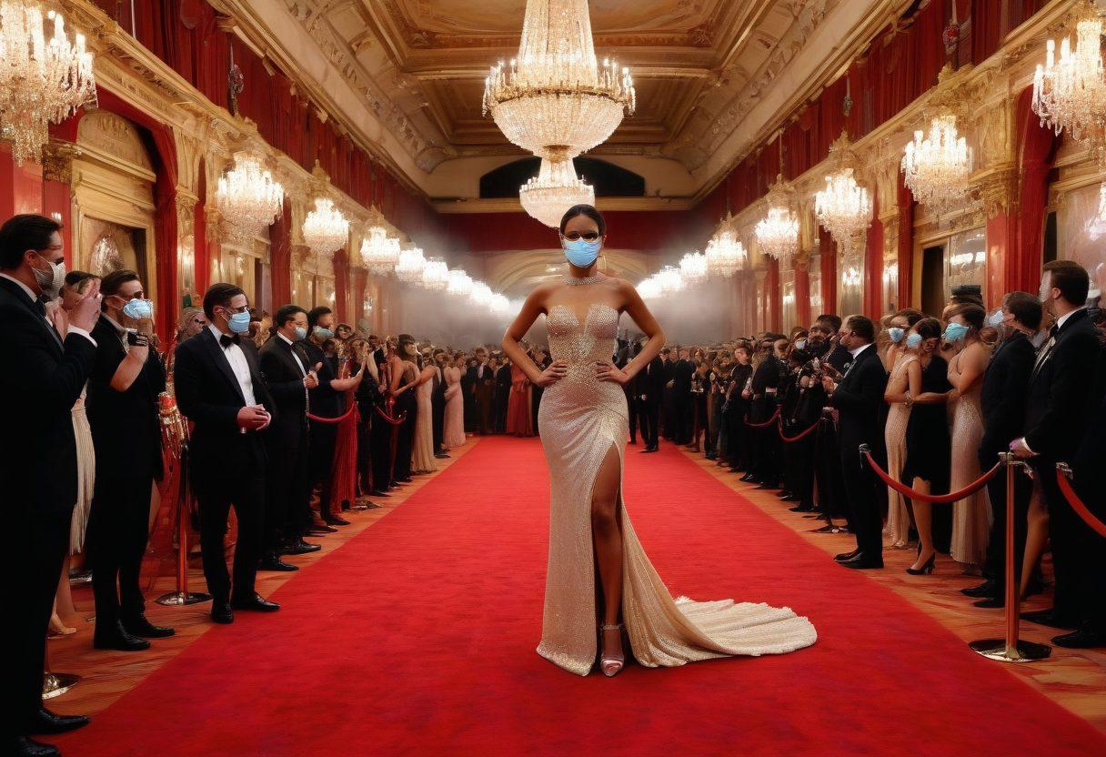 A glamorous red carpet scene filled with celebrities in stunning outfits, with bold fashion choices and dramatic poses, surrounded by flashing cameras. Include a shadowy figure in a mask in the background, hinting at hidden truths and scandals. The atmosphere is electric and full of excitement, with rich textures and sparkling lights. Include dynamic angles and vivid colors to emphasize the glitz and glamour, creating a captivating allure. super-realistic. vibrant colors. dramatic lighting.